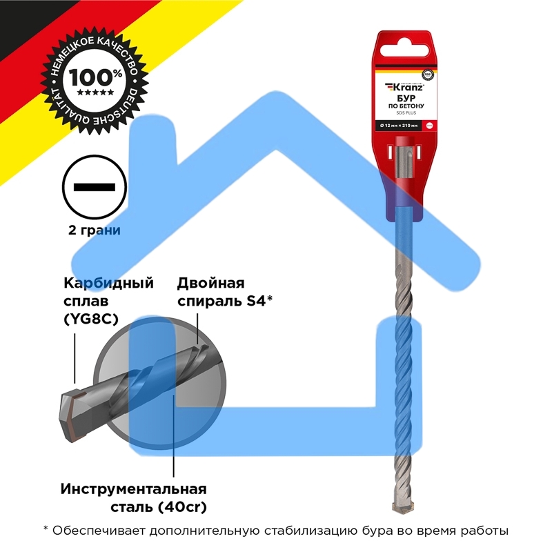 Бур по бетону 12x210x150 мм SDS PLUS Kranz