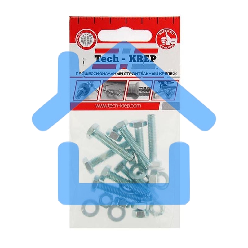 Болт М6х30 с шестигранной головкой цинк. с гайк. и шайб. DIN 933 (уп.8шт) класс прочности 8.8. пакет Tech-Krep 114051