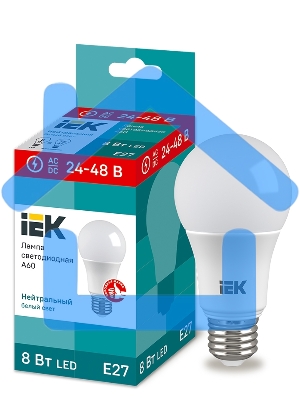 Лампа светодиодная A60 шар 8Вт 24-48В 4000К E27 (низковольтная) IEK LLE-A60-08-24-48-40-E27