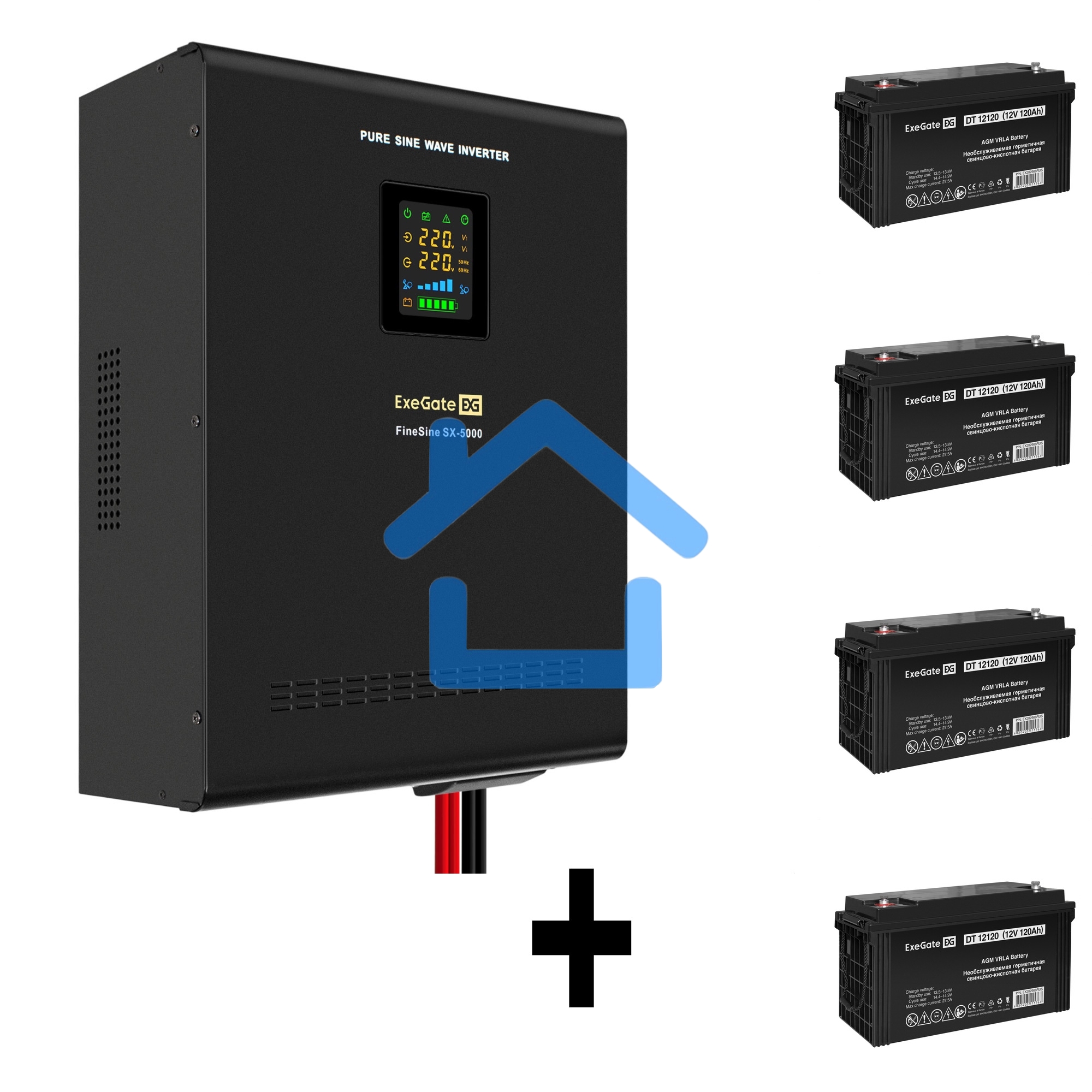 Комплект ИБП EX296004RUS + батарея 120Aч EX282988RUS 4шт (инвертор, синус, для котла, настенный) ExeGate FineSine SX-5000.LCD.AVR.2SH.T <5000VA/3500W, чистая синусоида, цветной LCD-дисплей, AVR, 2*Schuko+клеммы, линейно-интерактивный, крепление настенное,