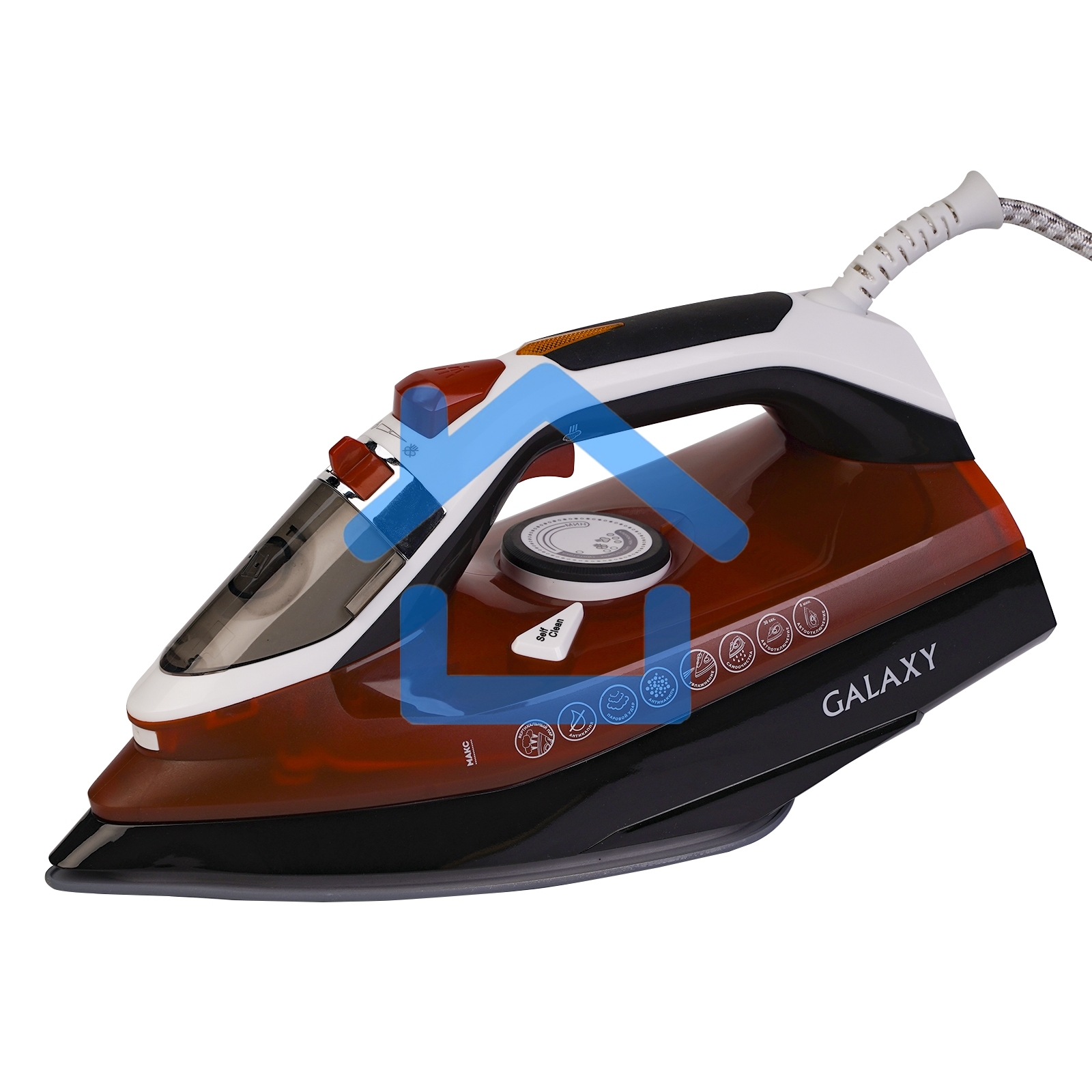 Утюг Galaxy GL 6131, оранжевый, паровой, 2500 Вт, подача пара до 50 г/мин, паровой удар до 230 г/мин, функции: автоотключение, самоочистка, антикапля, антинакипь, функция увлажнения, вертикальное отпаривание, керамическое покрытие подошвы, защита от перег