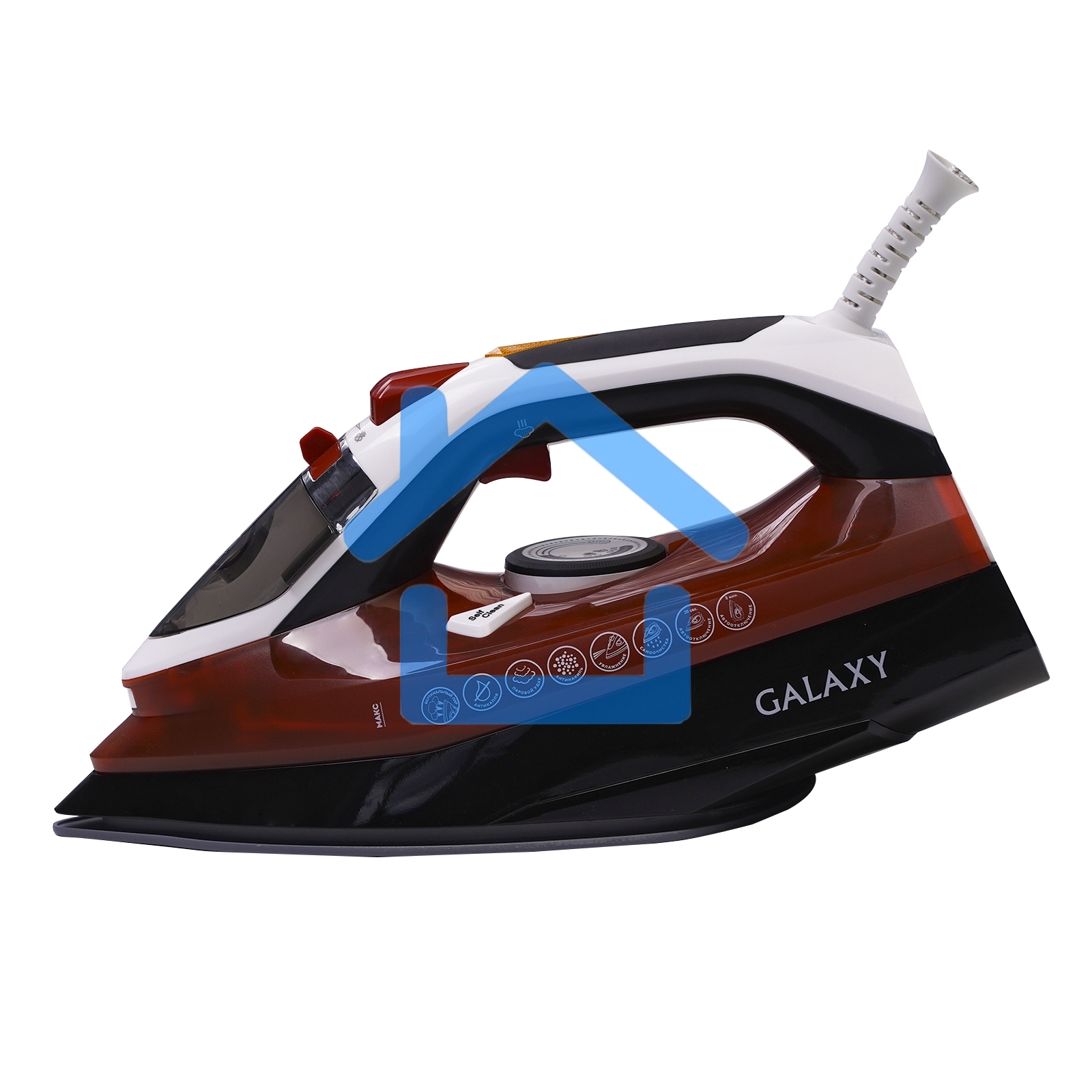 Утюг Galaxy GL 6131, оранжевый, паровой, 2500 Вт, подача пара до 50 г/мин, паровой удар до 230 г/мин, функции: автоотключение, самоочистка, антикапля, антинакипь, функция увлажнения, вертикальное отпаривание, керамическое покрытие подошвы, защита от перег