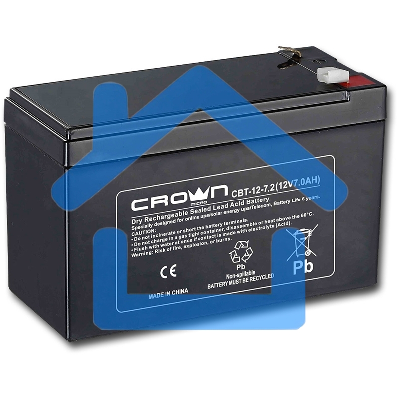 Батарея CROWN CBT-12-7.2 (напряжение 12В, емкость 7.2 А/Ч, разм 151х65х100 мм, вес 2,1 кг, тип клеммы - F2, 5 лет)