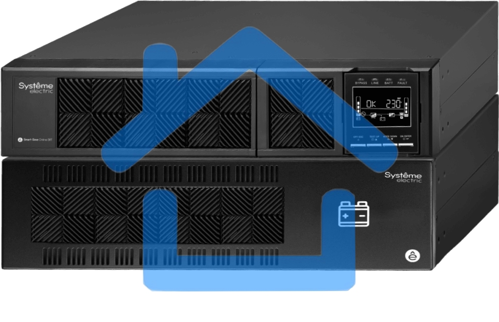 Источник бесперебойного питания Smart-Save Online SRT Systeme Electric 6000 ВА, конвертируемый форм-фактор 5U, 230 В, 1:1, клеммный вход/выход, SmartSlot, LCD, USB HID, SNMP карта, параллельное резервирование, версия с возможностью увеличения времени авто