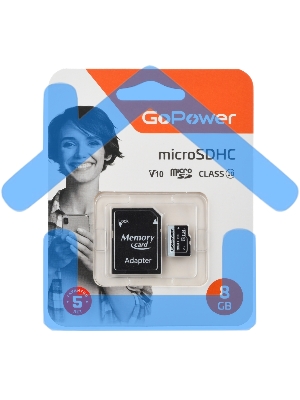 Карта памяти microSD GoPower 8Gb Class10 15 МБ/сек V10 с адаптером