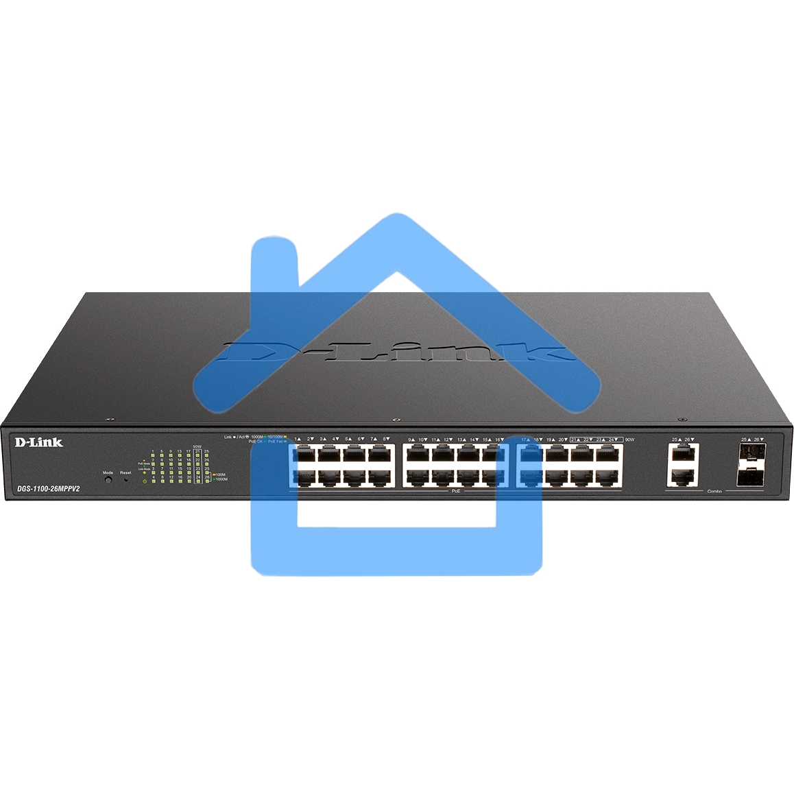 Настраиваемый L2 коммутатор D-Link DGS-1100-26MPPV2/A3A с 24 портами 10/100/1000Base-T и 2 комбо-портами 1000Base-T/SFP (порты 1-24 PoE 802.3af/at, порты 21-24 PoE 802.3bt, PoE-бюджет 525 Вт)
