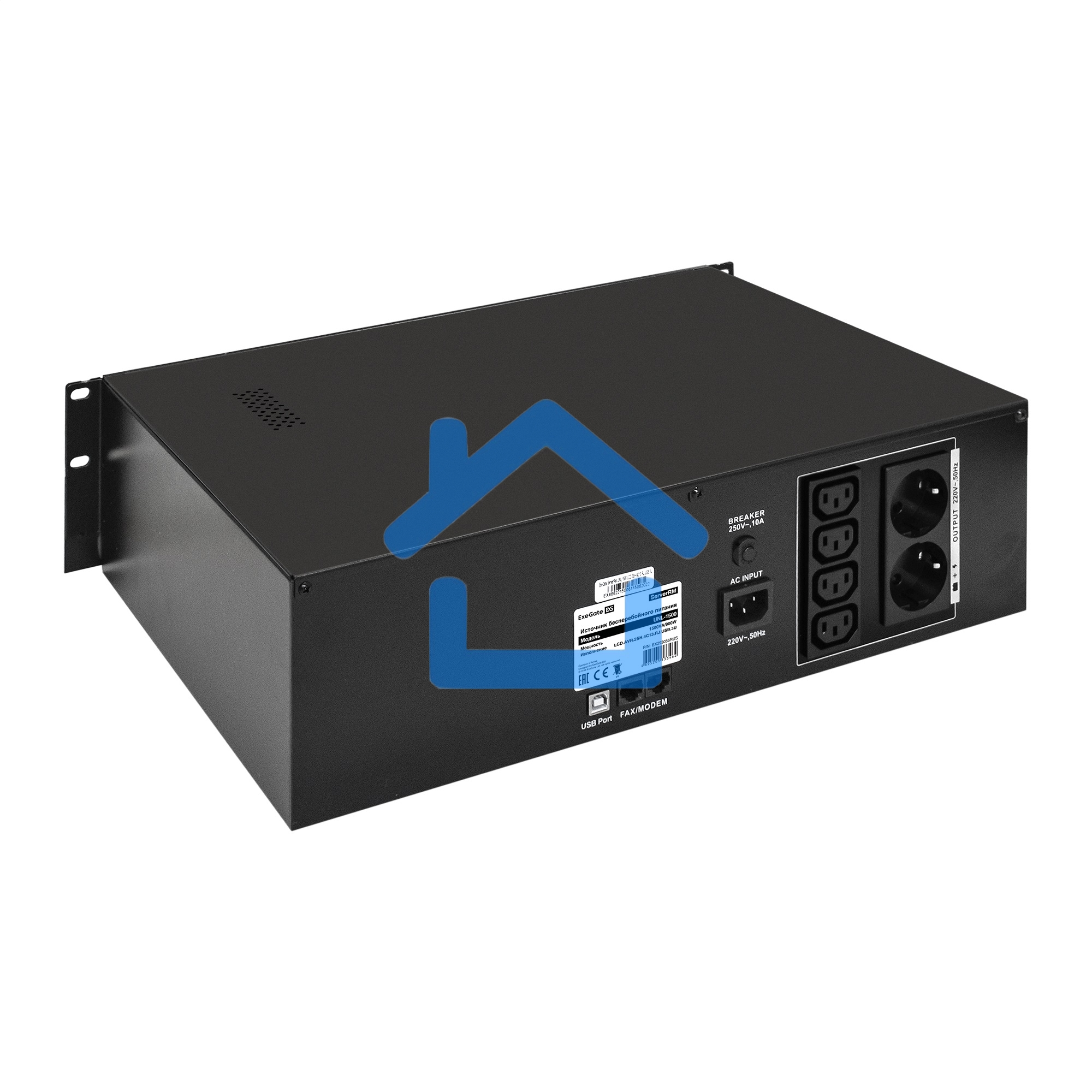 Источник бесперебойного питания ExeGate EX293056RUS ServerRM UNL-1500.LCD.AVR.2SH.4C13.RJ.USB.3U 1500VA/900W, LCD, AVR, 2*Schuko+4*C13, RJ45/11, USB, 3U, установка в стойку, черный