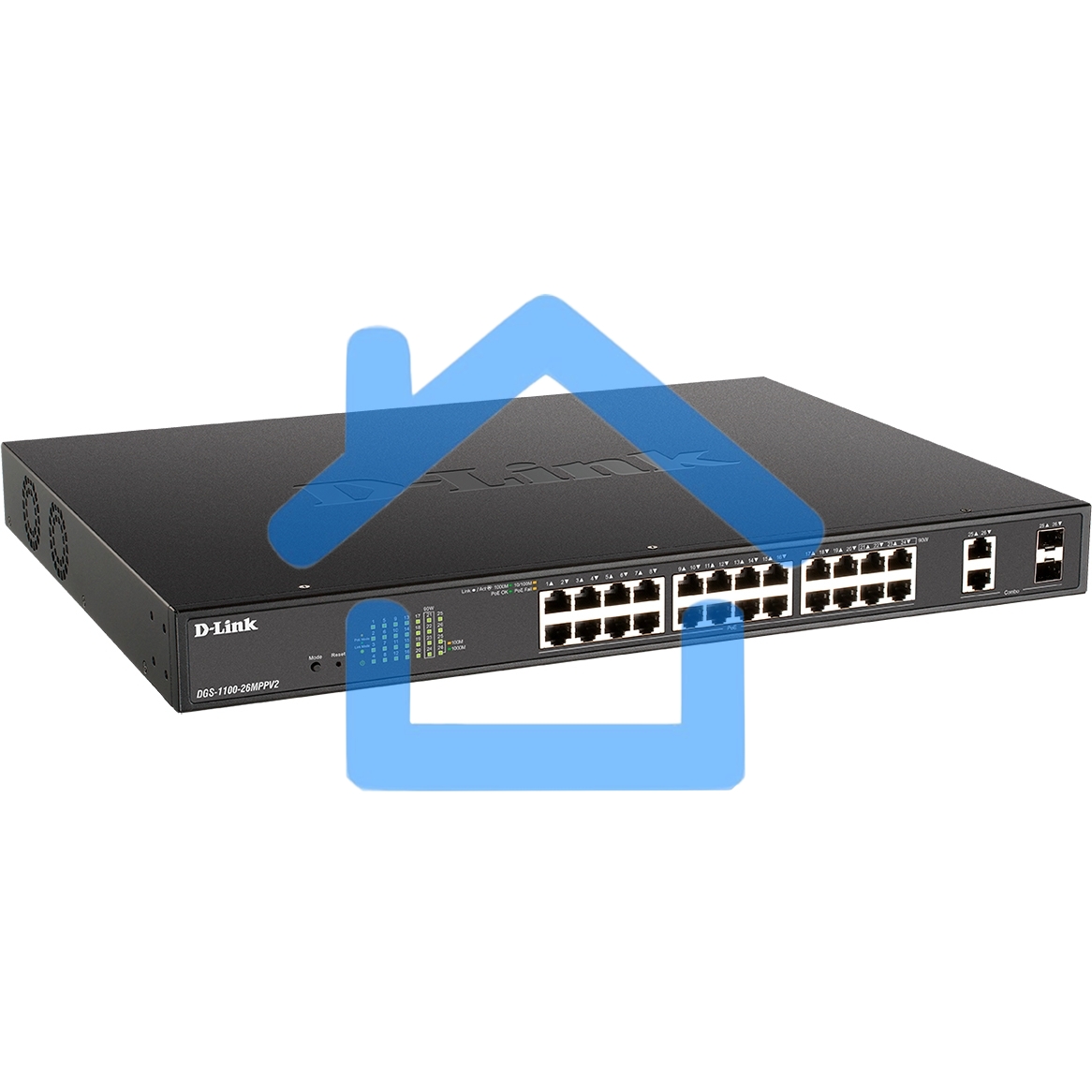 Настраиваемый L2 коммутатор D-Link DGS-1100-26MPPV2/A3A с 24 портами 10/100/1000Base-T и 2 комбо-портами 1000Base-T/SFP (порты 1-24 PoE 802.3af/at, порты 21-24 PoE 802.3bt, PoE-бюджет 525 Вт)