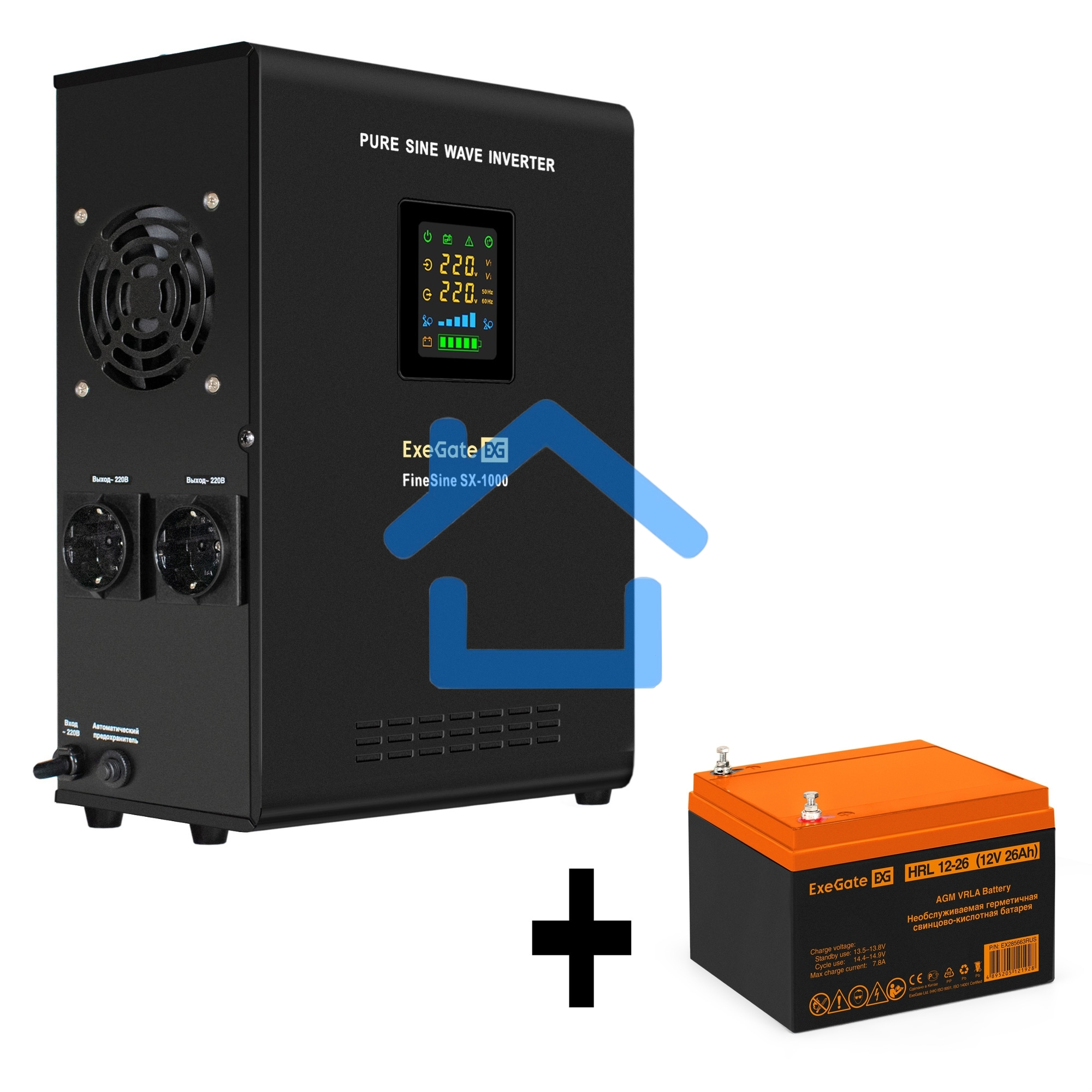 Комплект Источник бесперебойного питания EX295997RUS + батарея 26Aч EX285663RUS 1шт (инвертор, синус, для котла, настенный) ExeGate FineSine SX-1000.LCD.AVR.2SH <1000VA/600W, чистая синусоида, цветной LCD-дисплей, AVR, 2*Schuko, линейно-интерактивный, кре