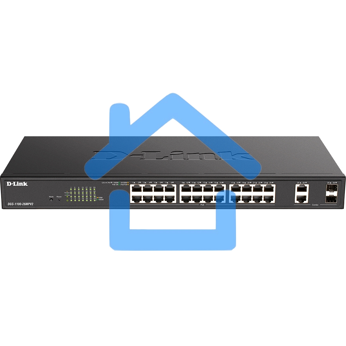 Настраиваемый L2 коммутатор D-Link DGS-1100-26MPV2/A3A с 24 портами 10/100/1000Base-T и 2 комбо-портами 1000Base-T/SFP (24 порта PoE 802.3af/at, PoE-бюджет 370 Вт)
