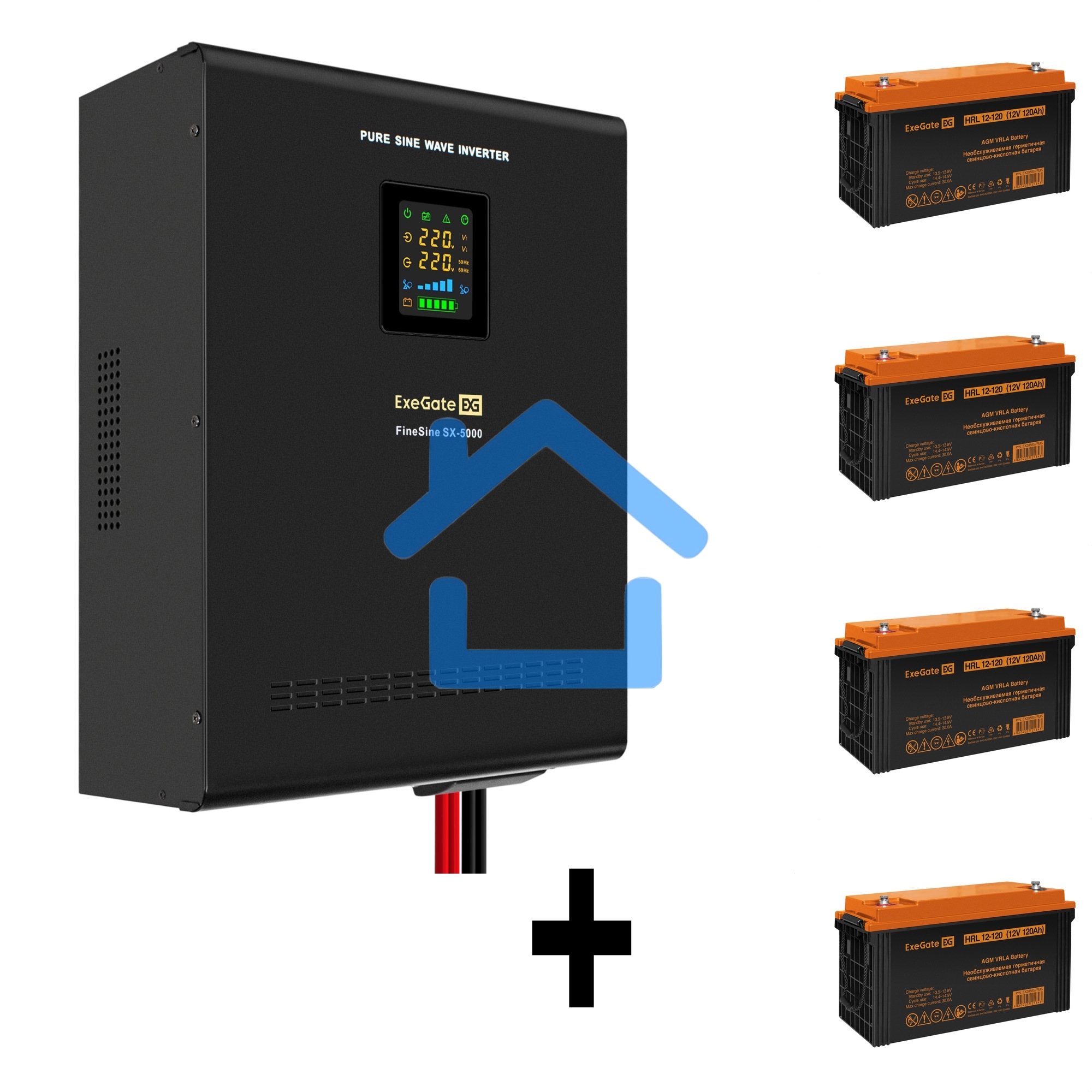 Комплект Источник бесперебойного питания EX296004RUS + батарея 120Aч EX285657RUS 4шт ExeGate FineSine SX-5000.LCD.AVR.2SH.T + батарея ExeGate HRL 12-120 (12В, 120Ач) 4шт