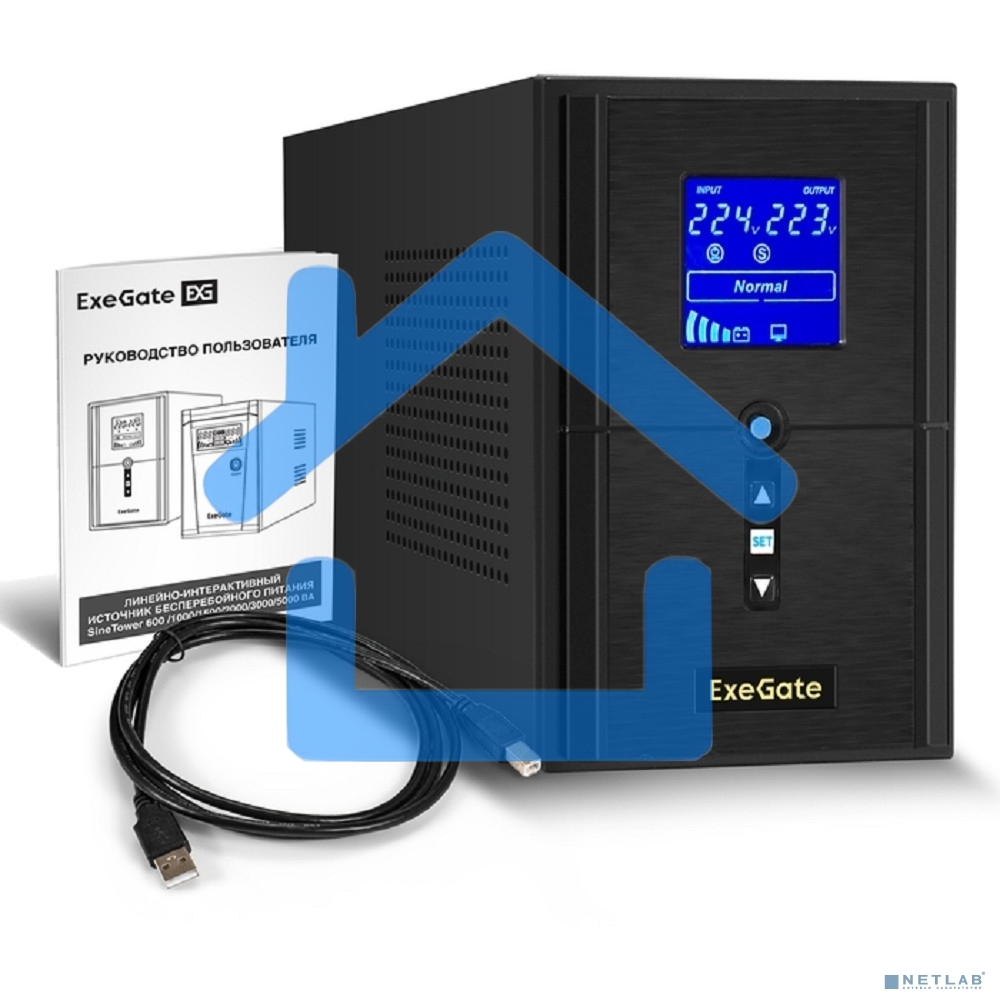 Источник бесперебойного питания ExeGate SineTower SN-1500.LCD.AVR.2SH.1C13.USB <1500VA/1200W, чистая синусоида, LCD дисплей, AVR, 2*Schuko+1*C13, USB, линейно-интерактивный, черный>