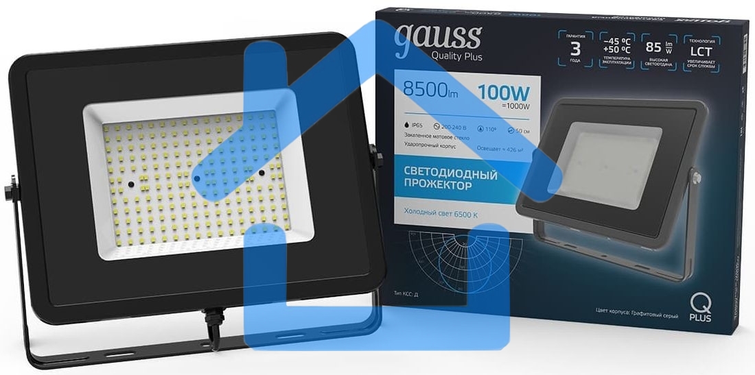 Прожектор светодиодный Qplus 100Вт 6500К 8500лм IP65 графит. сер. 1/4 Gauss 690511100