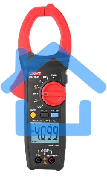 Токоизмерительные клещи UT205A+ Напряжение постоянного/переменного тока (1000 В); переменный ток (1000А); Сопротивление (40 МОм); Емкость (40 мФ); Частота (10 МГц); Отверстие челюсти 42 мм