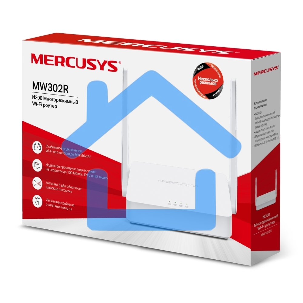 Роутер Mercusys 300Mbps Multi-Mode Wireless N Router, 2× Fixed External Antennas, 2× 10/100 Mbps LAN Ports, 1× 10/100 Mbps WAN Port, FEATURE: Access Point Mode, WPS/Reset Button, IPTV, IPv6, Beamforming, MU-MIMO, Parental Controls, Guest Network