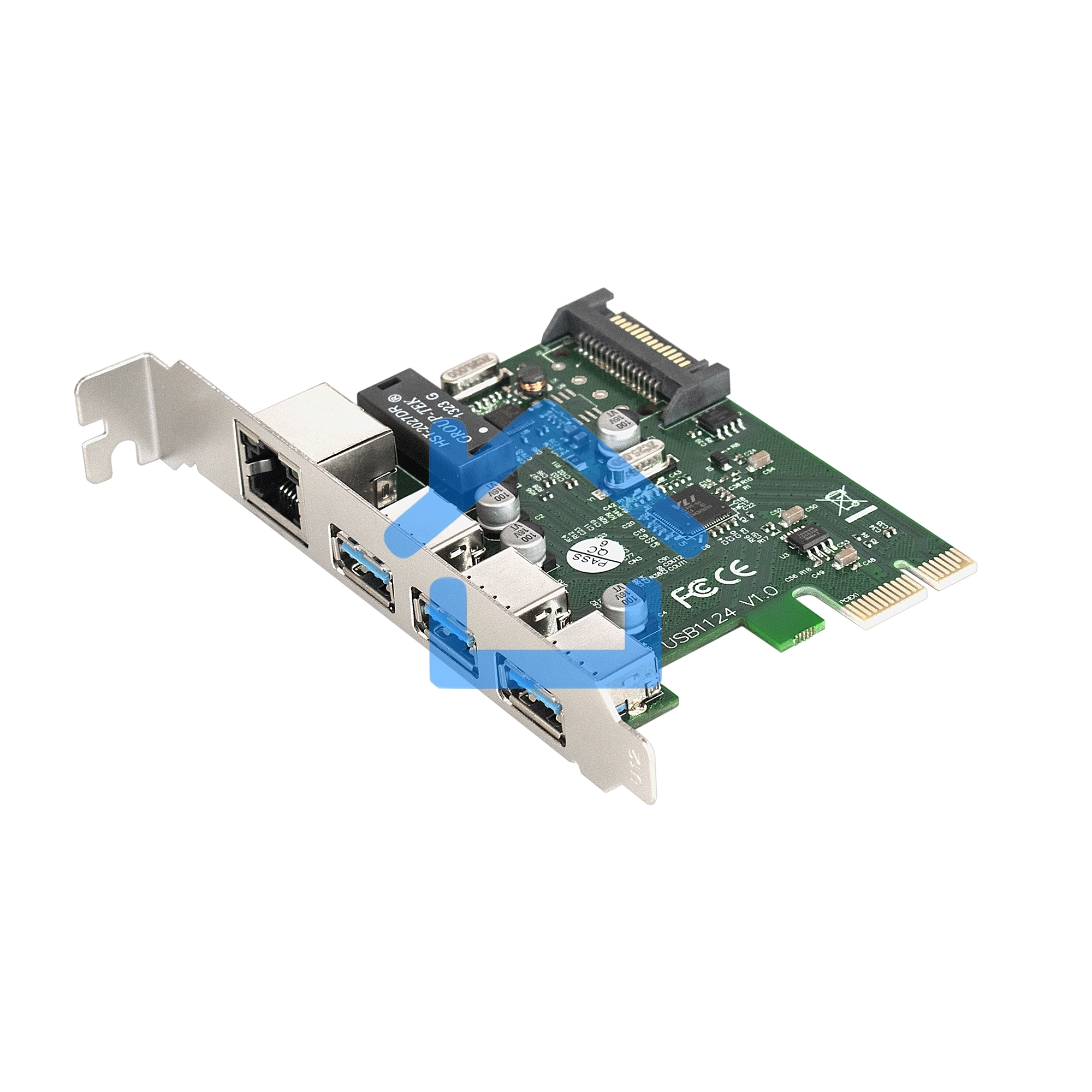 Контроллер сетевой ExeGate EXE-361 PCI-E 2.0, 3*USB 3.0 ext + LAN UTP 1000Mbps, раз.доп.пит.OEM)