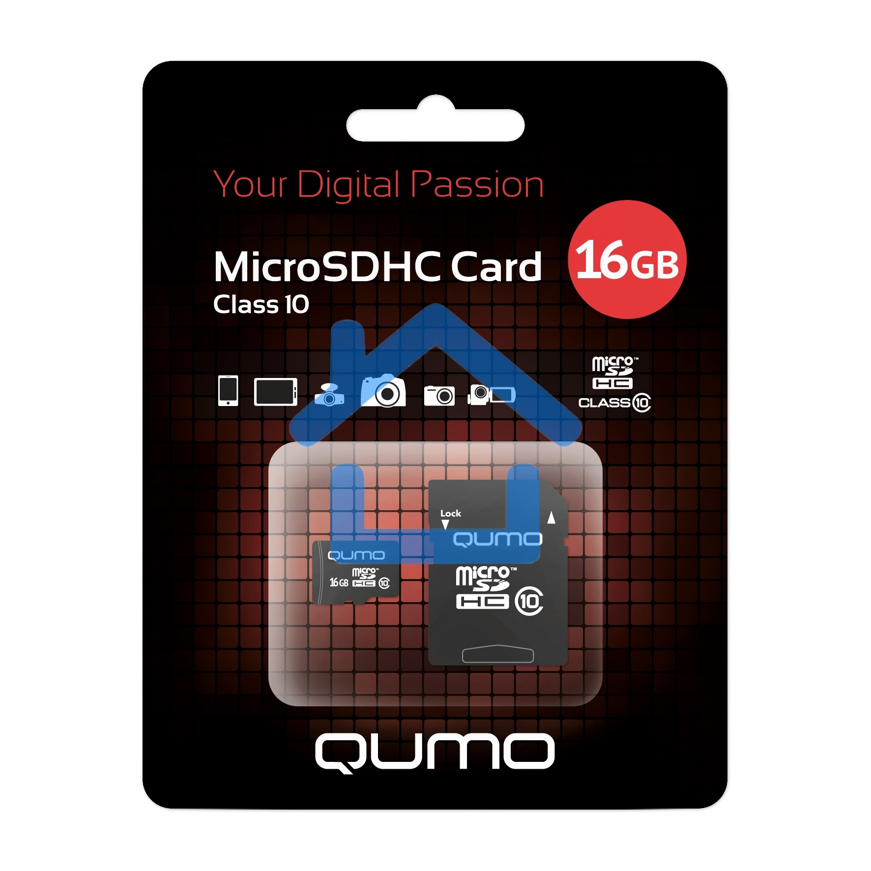 Флеш карта QUMO MicroSDHC 16Gb Сlass 10 с адаптером SD, черно-красная картонная упаковка