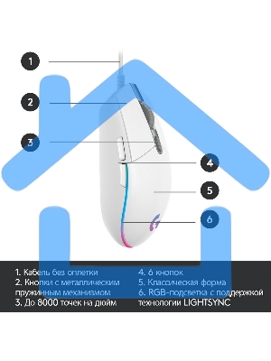 Мышь проводная Logitech G102 LIGHTSYNC белый, 8000 dpi, USB, кнопки - 6