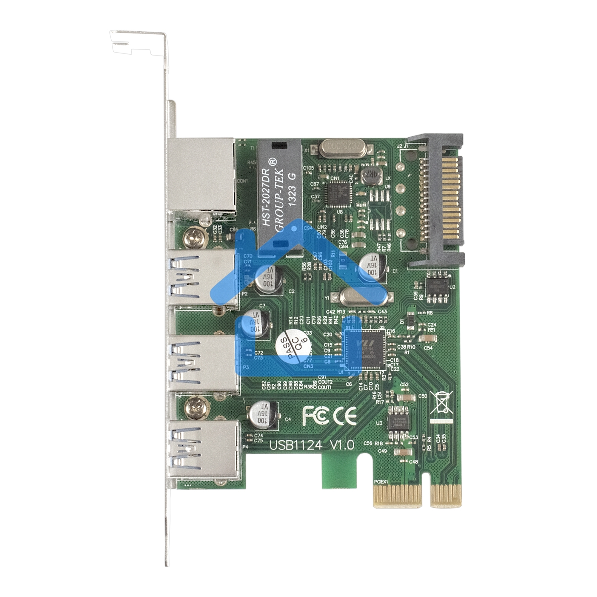 Контроллер сетевой ExeGate EXE-361 PCI-E 2.0, 3*USB 3.0 ext + LAN UTP 1000Mbps, раз.доп.пит.OEM)