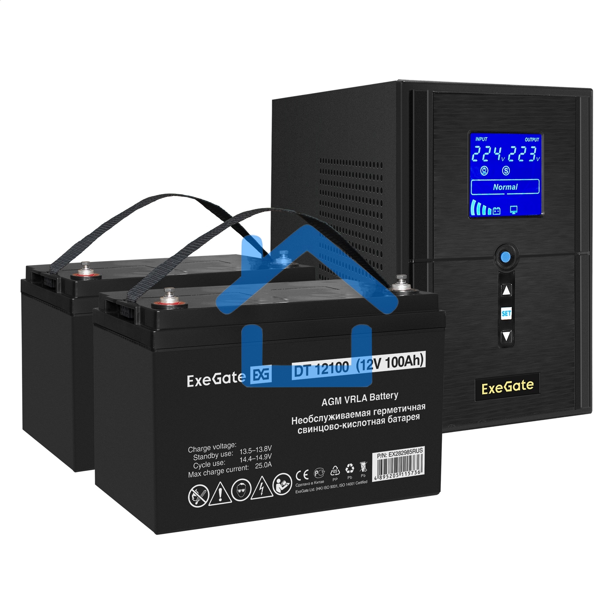 Комплект Источник бесперебойного питания EX295987RUS + батарея 100Aч EX282985RUS 2шт (инвертор, синус, для котла) ExeGate SineTower SZ-1000.LCD.AVR.2SH.1C13.USB <1000VA/800W, чистый синусоида, LCD дисплей, AVR, 2*Schuko+1*C13, USB, линейно-интерактивный, 