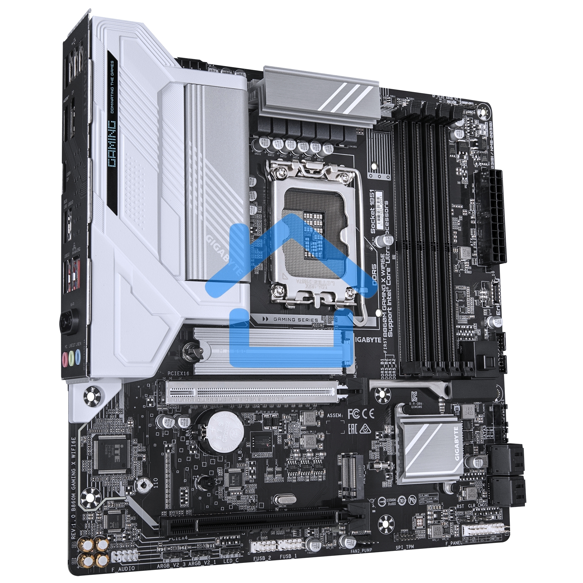 Материнская плата Gigabyte B860 GAMING X WIFI6E, LGA 1851, Intel B860, 4xDDR5, 4xSATA, 3xM.2, 1xPCIe 5.0 x16, 2xPCIe 4.0 x16, 1xHDMI, 1xDP, 1x 2.5Gb LAN, 4xUSB-A 2.0, 2xUSB-A 3.2 Gen 1, 1xUSB-C 3.2 Gen 2, 7.1, 3x3.5 мм, 3xARGB, 4xRGb, mATX