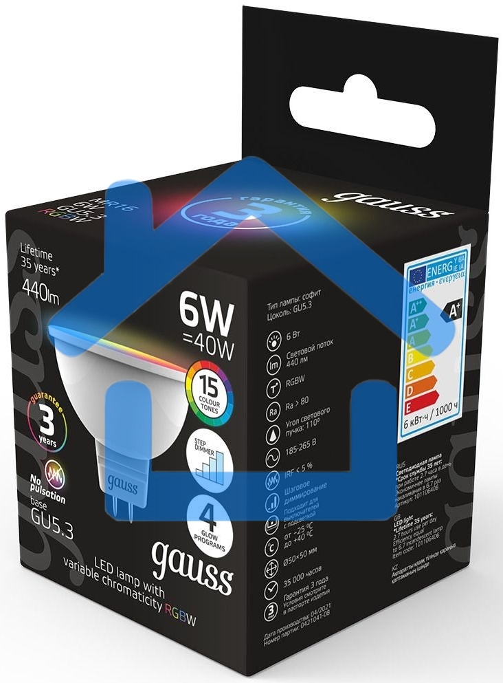 Лампа Gauss Smart MR16 6W GU5.3 RGBW+dim 1/10/100