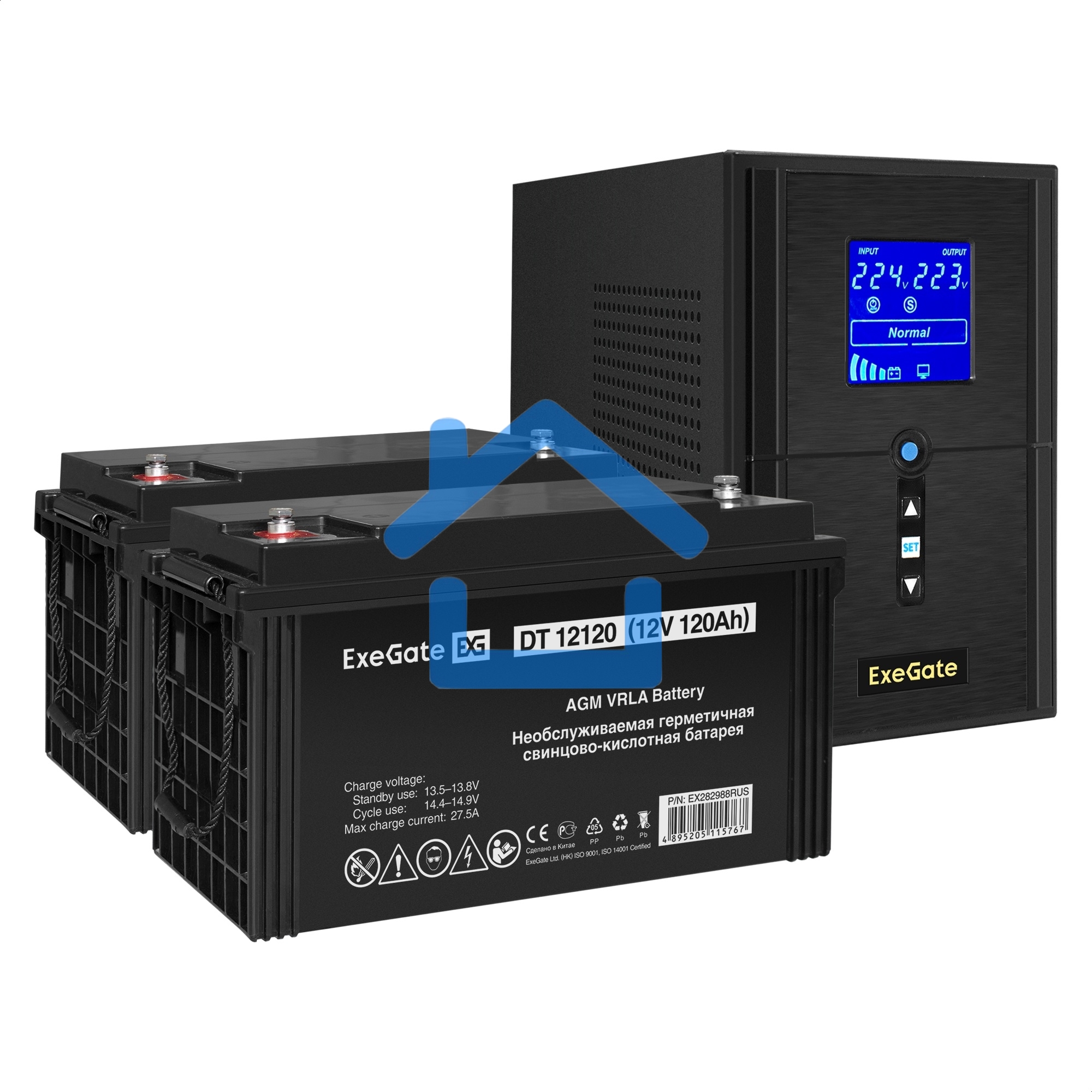 Комплект ИБП EX295987RUS + батарея 120Aч EX282988RUS 2шт (инвертор, синус, для котла) ExeGate SineTower SZ-1000.LCD.AVR.2SH.1C13.USB <1000VA/800W, чистый синусоида, LCD дисплей, AVR, 2*Schuko+1*C13, USB, линейно-интерактивный, черный> + батарея ExeGate DT