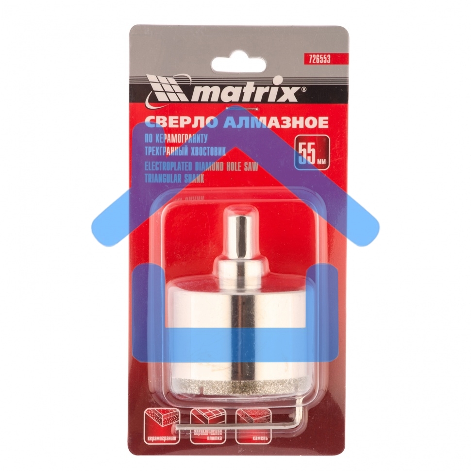 Сверло алмазное Matrix по керамограниту, 55 х 67 мм, 3-гранный хвостовик