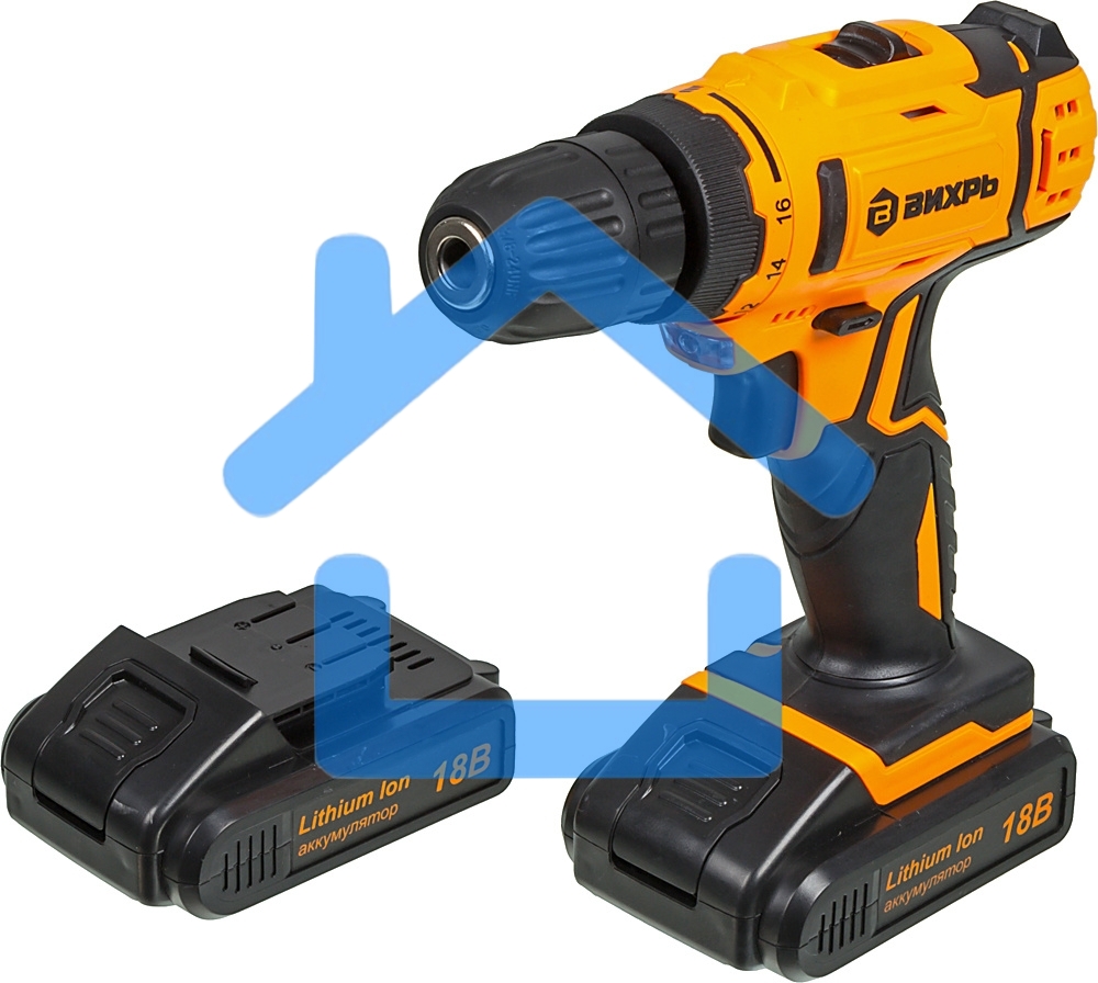 Дрель-шуруповерт Вихрь ДА-18Л-2КА 72/14/25, Аккумуляторная, 18В, 2 АКБ, Кейс
