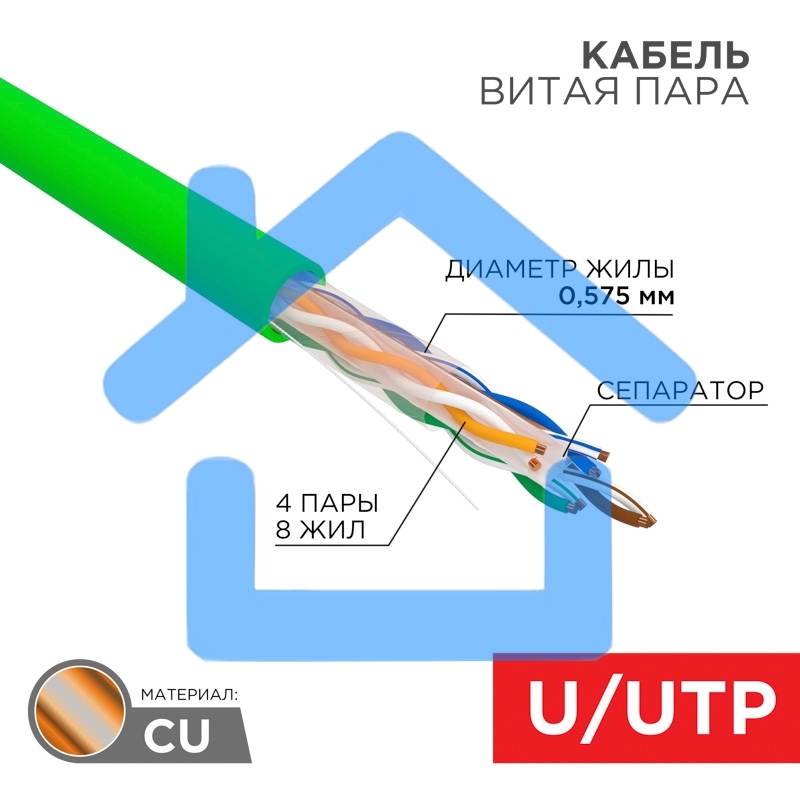 Кабель витая пара U/UTP, CAT 6, нг(А)-HFLTx, 4х2х0,575мм, 23AWG, INDOOR, SOLID, 305м Rexant