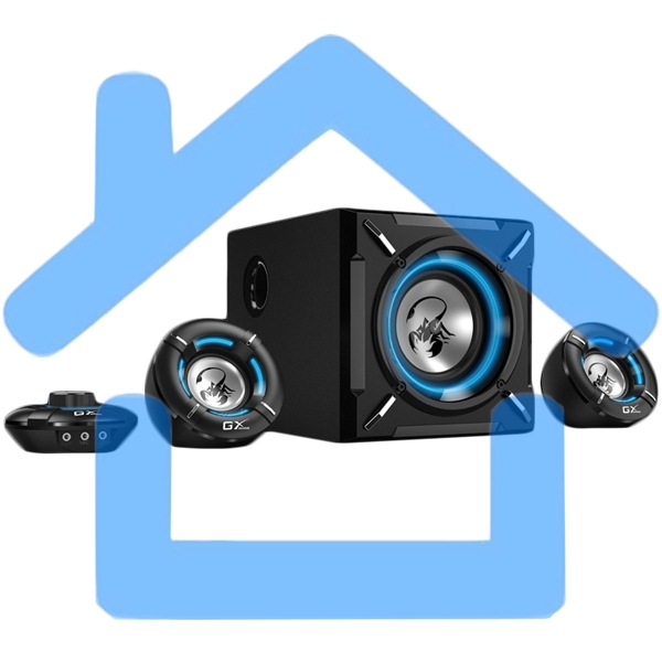 Компьютерные игровые колонки Genius SW-G2.1 1000, 100-240В,26Вт (Сабвуфер: 16Вт, Сателлиты: 5Втx2), мощные басы, синяя подстветка, блок управления громкос