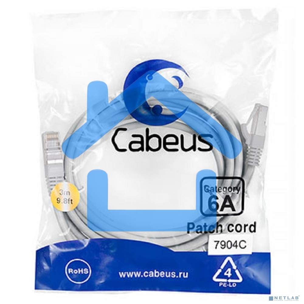 Шнур коммутационный Cabeus, кат. 6A, экр., S/FTP, RJ45/RJ45, LSZH, AWG26, 3м, серый