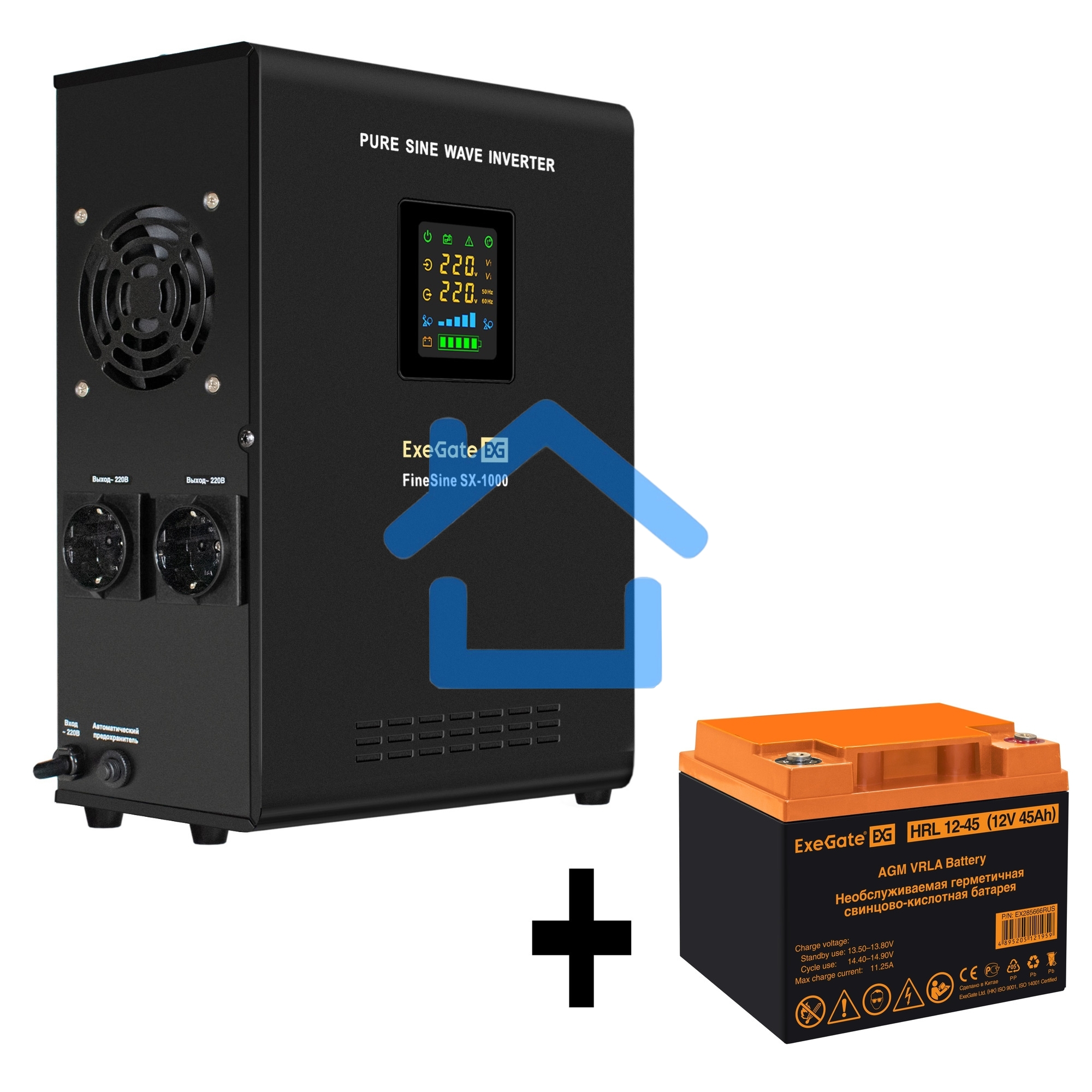 Комплект ИБП EX295997RUS + батарея 45Aч EX285666RUS 1шт (инвертор, синус, для котла, настенный) ExeGate FineSine SX-1000.LCD.AVR.2SH <1000VA/600W, чистая синусоида, цветной LCD-дисплей, AVR, 2*Schuko, линейно-интерактивный, крепление настенное/универсальн