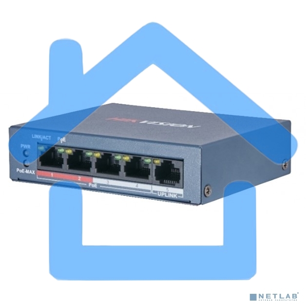 Коммутатор Hikvision DS-3E0105P-E/M(B) 4 RJ45 100M PoE с грозозащитой 6кВ; 1 Uplink порт 100М Ethernet: бюджет PoE 35Вт; поддерживают режим передачи до 250м; таблица MAC адресов на 1000 записей;