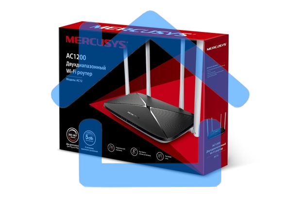 Беспроводный маршрутизатор Mercusys AC12, Dual Band, (867Мбит/с на 5 ГГц + 300Мбит/с на 2,4 ГГц)4 порта 100 Мбит/с, 4 фиксированных антенны