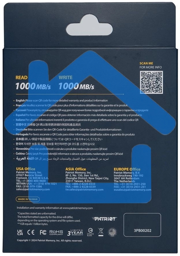 Внешний накопитель SSD Patriot 512Gb USB-C, Transporter Lite, R/W 1000MB/1000MB/s, красный