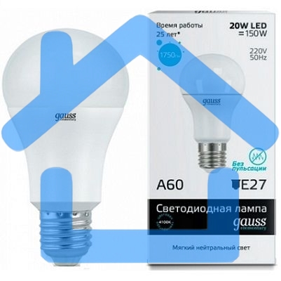 Лампа GAUSS LED Elementary Арт. 23229A60 20W E27 4100K 1/10/40 груша