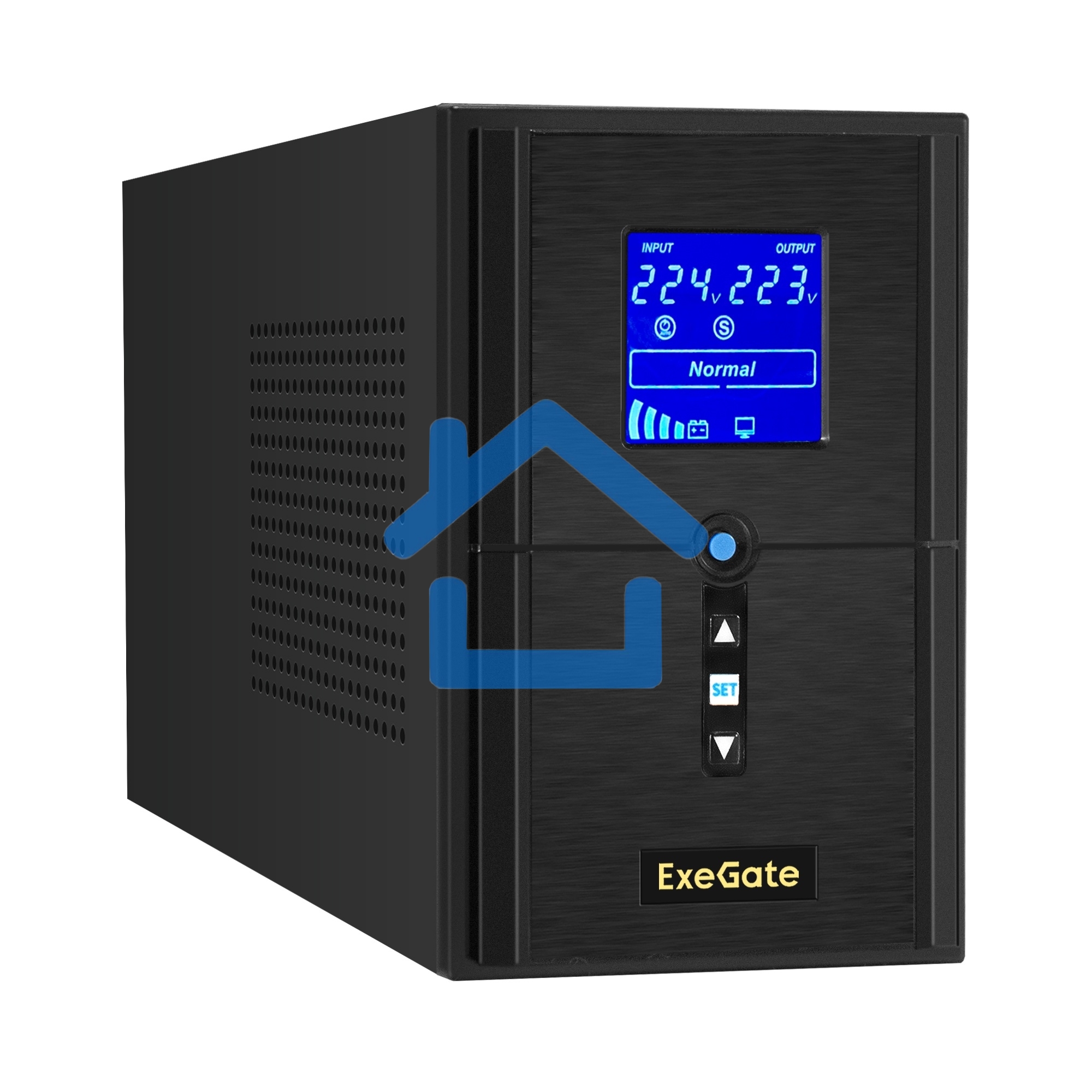 Источник бесперебойного питания (инвертор, синус, для котла) ExeGate SineTower SZ-1500.LCD.AVR.2SH.1C13.USB <1500VA/1200W, чистая синусоида, LCD дисплей, AVR, 2*Schuko+1*C13, USB, линейно-интерактивный, внешняя батарея 24В до 200Ач, черный>