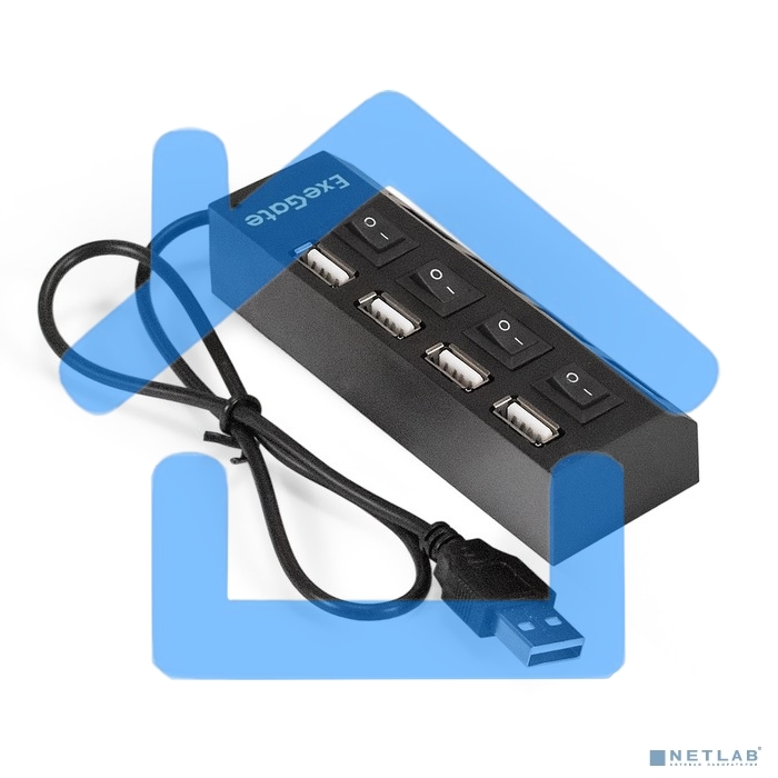 Хаб USB (концентратор) ExeGate EX293977RUS DUB-42SW (кабель-адаптер USB2.0 --> 4xUSB2.0, кнопки включения/отключения для каждого порта, Plug&Play, черный)