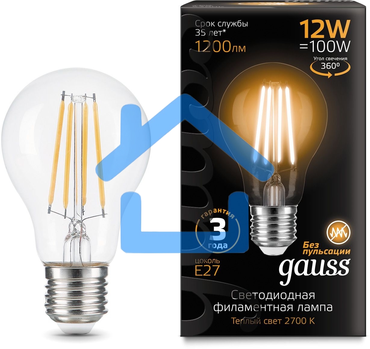 Лампа Gauss Filament А60 12W 1200lm 2700К Е27 LED 1/10/40