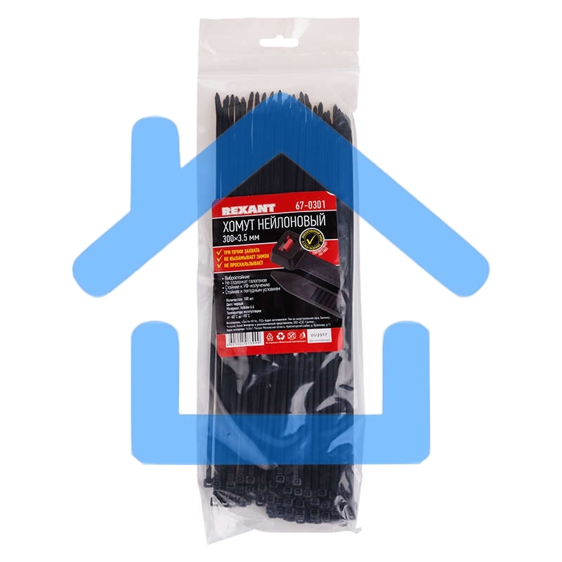 Хомут кабельный 3.6х300 тройной замок нейл. черный (уп.100шт) Rexant 67-0301