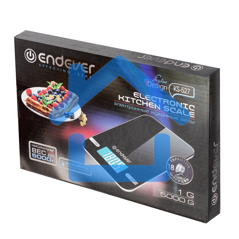 Весы кухонные электронные Endever Skyline KS-527, вес от 2 г до 5 кг. Закаленное стекло повышенной прочности, LCD-дисплей, авто откл.