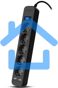Фильтр SVEN SF-05LU 1,8 м (5 евро розеток,2*USB(2,4А)) черный, цветная коробка Surge protector SVEN SF-05LU 1,8 м (5 евро розеток,2*USB(2,4А)) черный, цветная коробка
