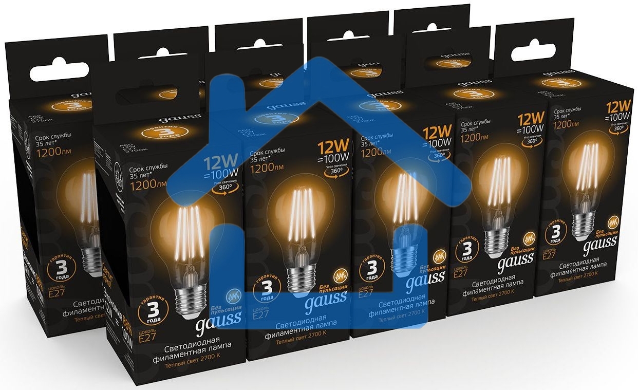 Лампа Gauss Filament А60 12W 1200lm 2700К Е27 LED 1/10/40