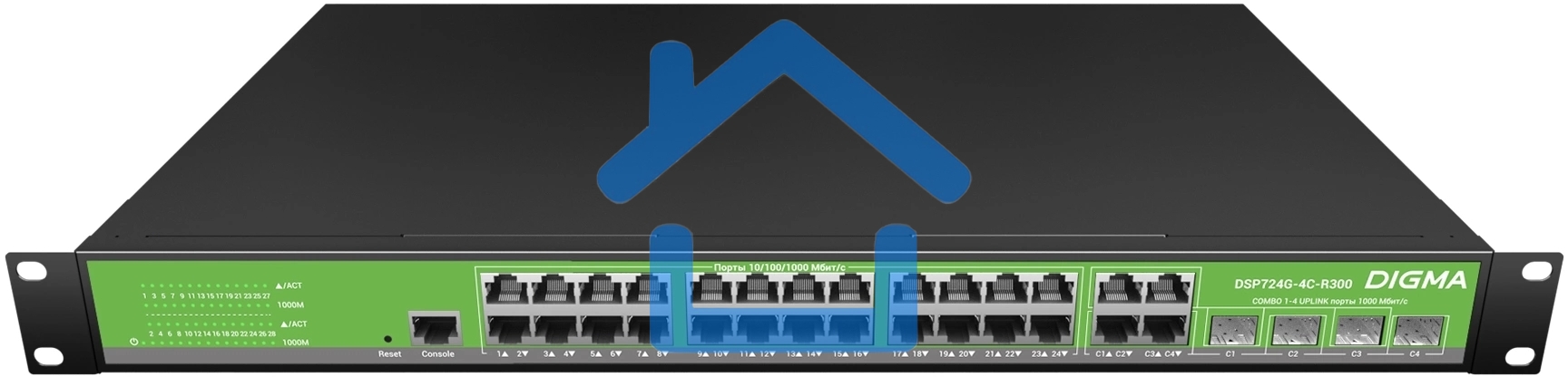 Коммутатор Digma DSP724G-4C-R300 (L2+) 24x1Гбит/с 4xКомбо(1000BASE-T/SFP) 24PoE 24PoE+ 300W управляемый