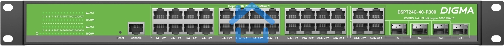 Коммутатор Digma DSP724G-4C-R300 (L2+) 24x1Гбит/с 4xКомбо(1000BASE-T/SFP) 24PoE 24PoE+ 300W управляемый