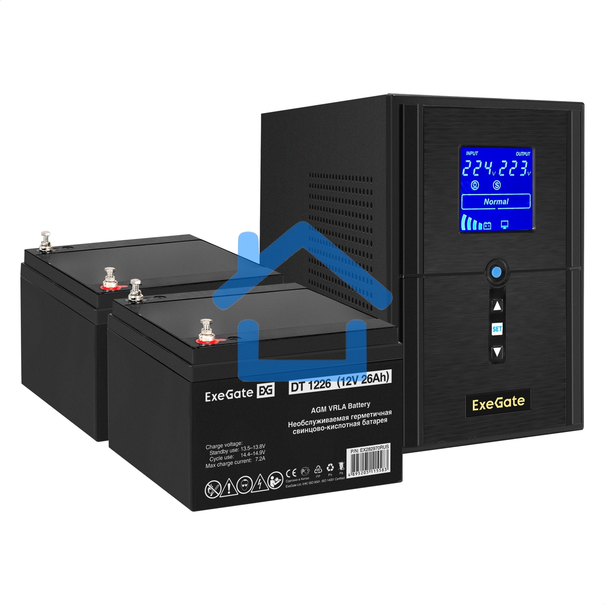 Комплект Источник бесперебойного питания EX295987RUS + батарея 26Aч EX282970RUS 2шт (инвертор, синус, для котла) ExeGate SineTower SZ-1000.LCD.AVR.2SH.1C13.USB <1000VA/800W, чистый синусоида, LCD дисплей, AVR, 2*Schuko+1*C13, USB, линейно-интерактивный, ч