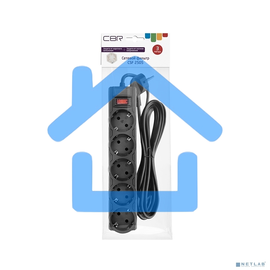 Сетевой фильтр CBR CSF 2505-3.0 Black PC, 5 евророзеток, длина кабеля 3 метра, черный (пакет)