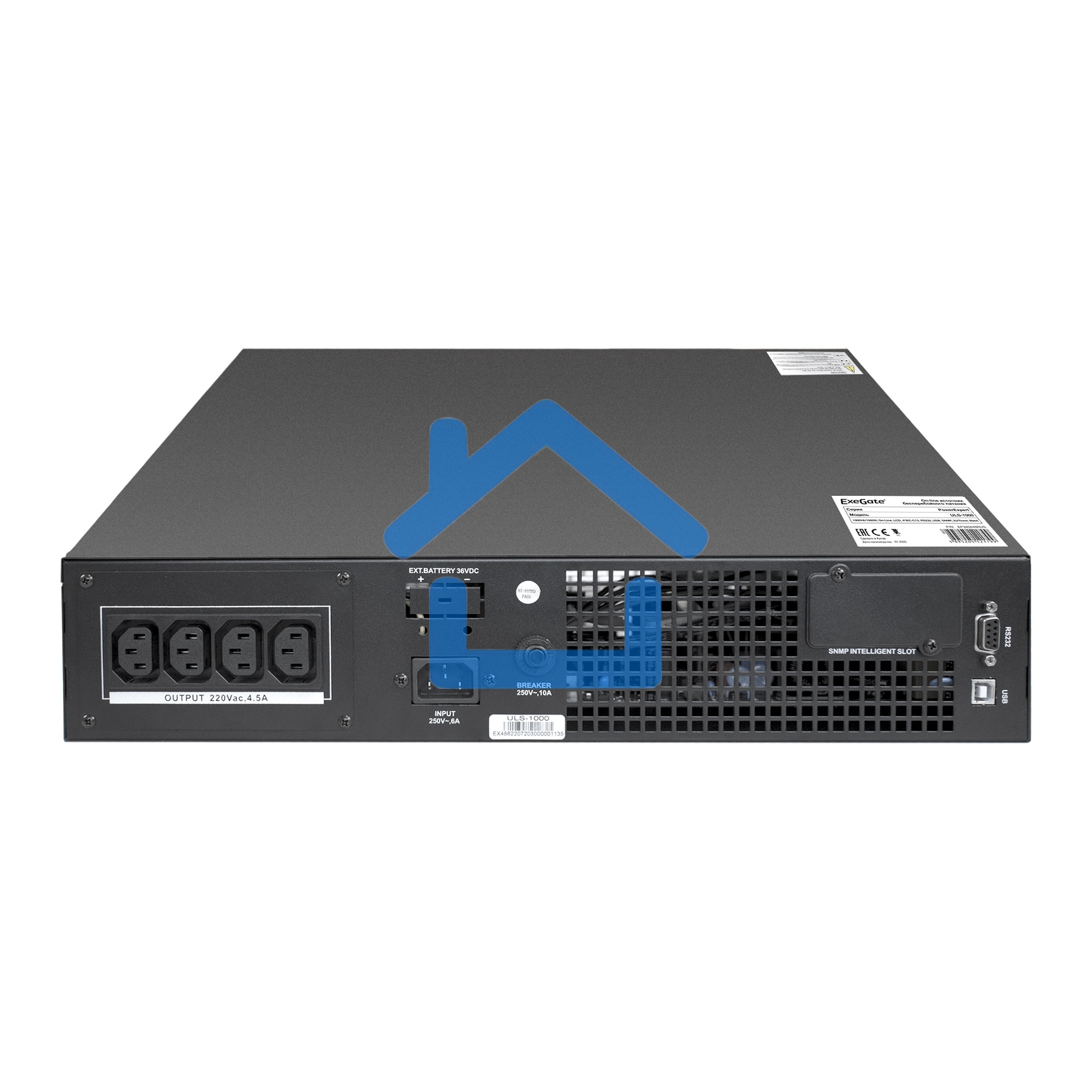 Источник бесперебойного питания On-line ExeGate EP285646RUS PowerExpert ULS-1000.LCD.AVR.C13.USB.RS232.SNMP.2U 1000VA/1000W, On-Line, PF=1, LCD, 4*IEC-C13, RS232, USB, SNMP-slot, Rackmount 2U/Tower, черный