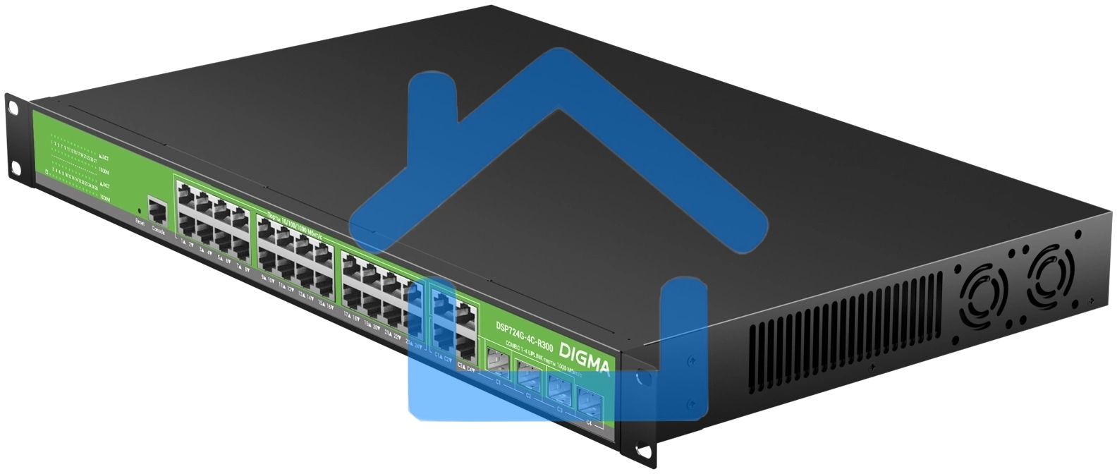 Коммутатор Digma DSP724G-4C-R300 (L2+) 24x1Гбит/с 4xКомбо(1000BASE-T/SFP) 24PoE 24PoE+ 300W управляемый